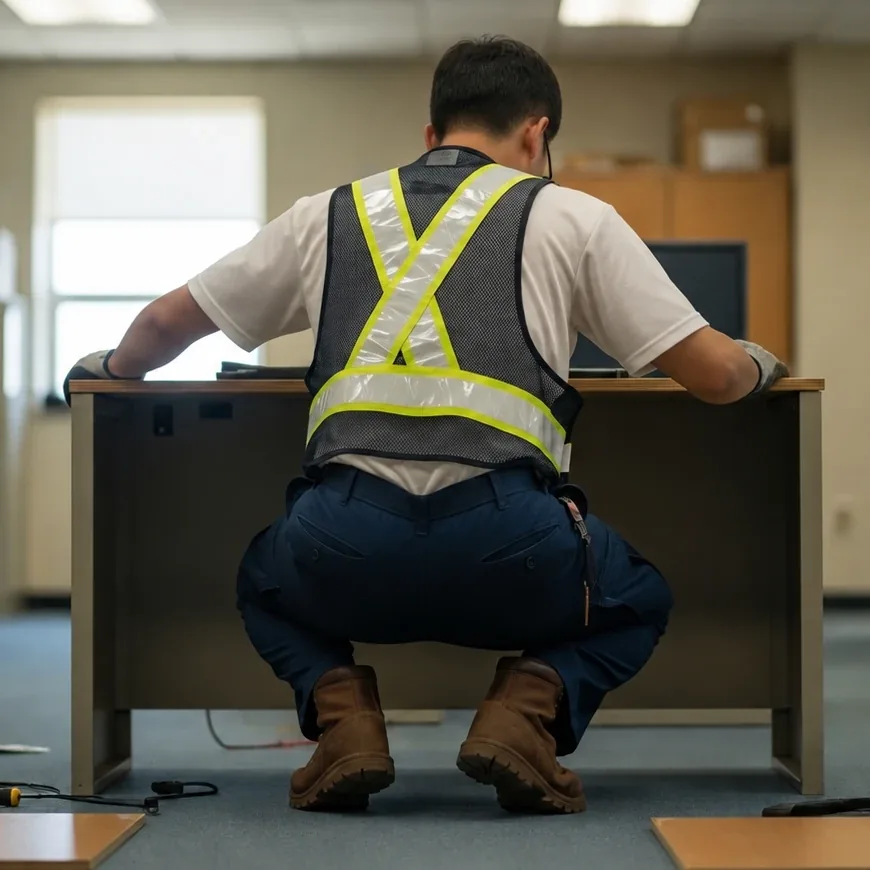 Installer in a safety vest assembling an office desk